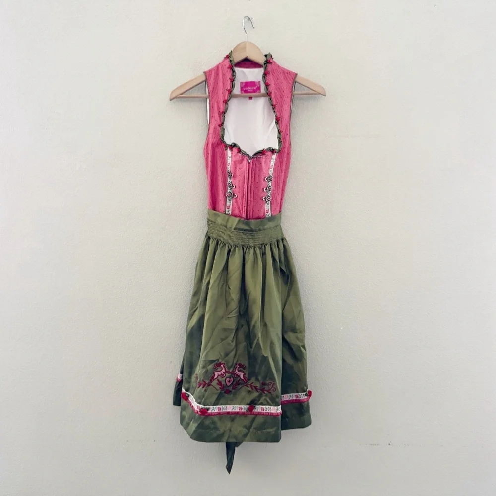 Krüger Dirndl Dress US XS EU 34 Red Green German Oktoberfest Alpine Trachten - Picture 2 of 12